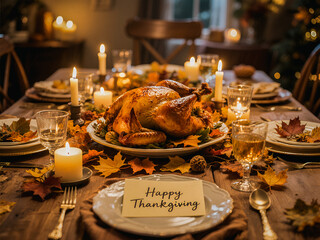 A warm Thanksgiving dinner table, roast turkey as the centerpiece, candles lit, autumn foliage decorations, a card reading "Happy Thanksgiving" on the plate.