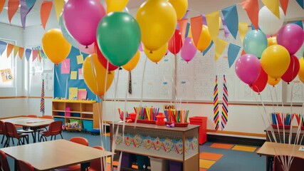 A classroom with balloons, banners, and festive decorations celebrating the start of the school year . - Powered by Adobe