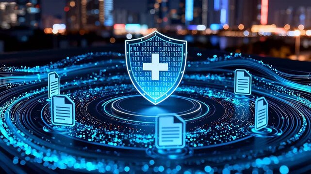 Digital security shield with data icons