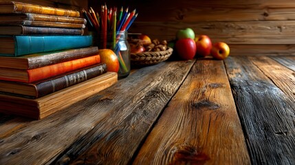 Naklejka premium Rustic Wooden Table with Books, Pencils, and Apples.