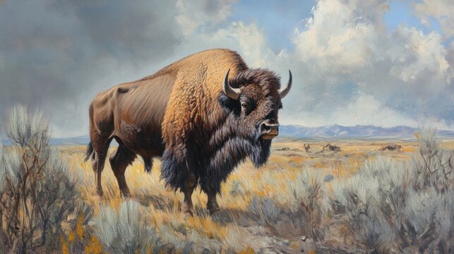 Majestic Bison in a Dry Prairie Landscape Under Dramatic Sky