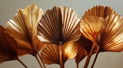 Several dried, fan-shaped botanical specimens display rich golden brown hues under illumination