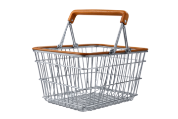 Metal wire shopping basket with wooden handle on black background image, Png, Isolated on Transparent Background, Cut Out