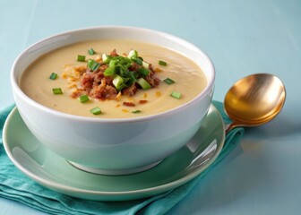 Creamy potato leek soup in a white bowl with a sprinkle of chopped chives on top