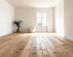 Minimalist Room Interior with Sunlight Streaming Through Window and Wooden Floor with Visible Imperfections and an Indoor Plant
