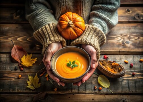 Woman's hands cradling a steaming bowl of pumpkin soup in a rustic wooden cabin setting