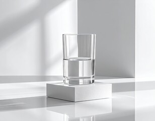 Minimalist Still Life Clear Glass Half Full on White Podium with Sunlight and Shadows in Geometric White Background