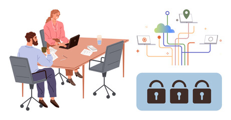 Team collaborating at a desk with laptop and coffee while interconnected devices flow to cloud and locks highlight cybersecurity. Ideal for teamwork, technology, data management, IT strategies