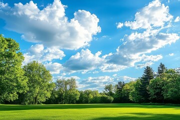 Obraz premium Lush Green Lawn Framed by Trees under a Clear Sky