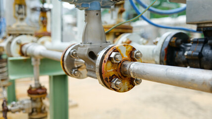 An industrial and engineering concept, a tight sealed flange joint with bolts and nuts uses...