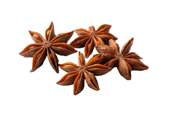 Four star anise spice pods arranged on a black background herb, Png, Isolated on Transparent Background, Cut Out