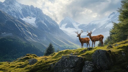 Obraz premium Majestic deer stand on alpine meadow, majestic mountains in background