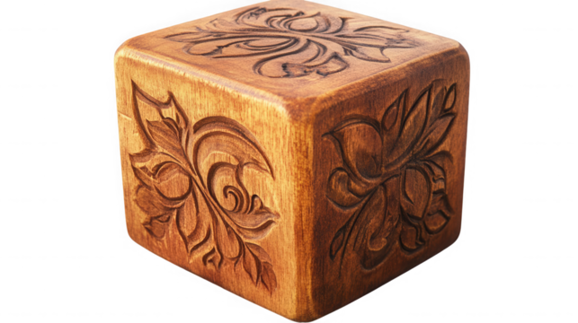 A decorative wooden cube with floral carvings on each side against a black background studio shot on transparent background