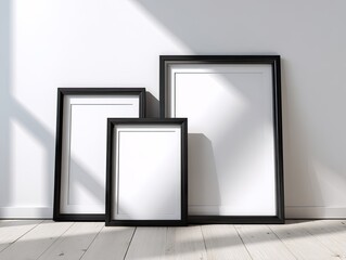 Three black picture frames with white space leaned against a white wall, with light