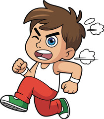 Cute cartoon boy running fast with determined face expression wearing red pants and white tank top, energetic child athlete, vector illustration isolated background