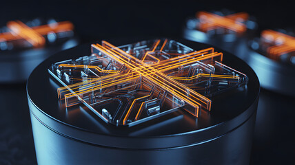 Intricate geometric crystal structure glowing with warm orange light against a dark blurred background representing innovation and technology