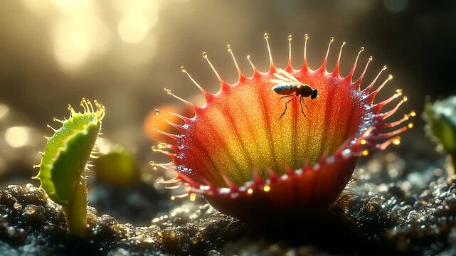 Close-up of a Venus flytrap capturing a fly