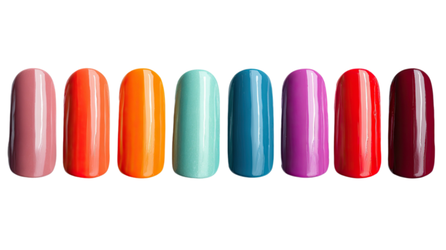 Seven nail polish swatches aligned in a row, varying colors