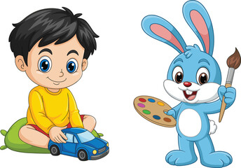 Cartoon child playing with toy car, blue rabbit painting with palette, creative kids illustration, playful art, colorful childhood moment