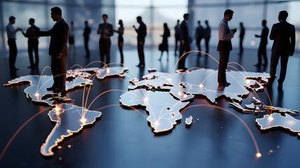 Silhouetted business people standing on a glowing world map representing global connection and international business opportunities