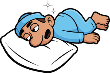 Cute cartoon boy sleeping soundly on white pillow wearing blue pajamas and hat, peaceful tired child resting in bed, vector illustration background