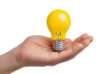 Hand holding yellow light bulb against black background symbolizing idea image, Png, Isolated on Transparent Background, Cut Out