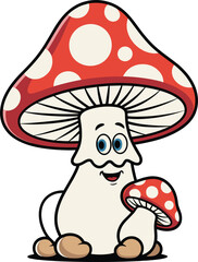 Cute cartoon mushroom character with smiling face holding small red mushroom, adorable forest fungus illustration, vector design isolated on white background for kids