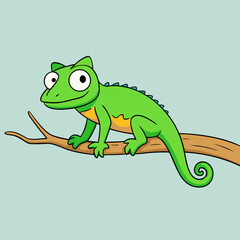 Cute cartoon green chameleon with big eyes perched on a tree branch