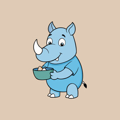 Cute blue cartoon rhinoceros holding a bowl of food