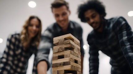 Three friends gathered around a table intently playing a wooden block stacking game focusing on strategy and fun