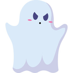 Cute light blue ghost with angry purple eyes pink cheeks and dark pupils on a transparent background representing Halloween and spooky themes