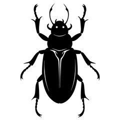 Stylized black silhouette of a beetle with prominent antlers and legs