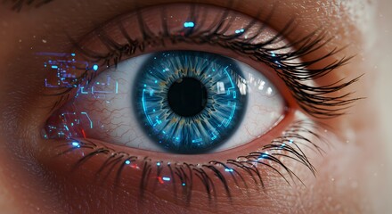 Close-up of a futuristic blue human eye with digital data overlay, representing augmented reality and advanced technology.