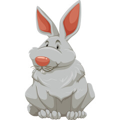 Cute Gray Cartoon Rabbit with Pink Ears and Nose Sitting on Transparent Background with Detailed Fur Texture and Expressive Eyes