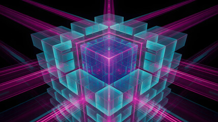 Abstract geometric fractal structure with glowing neon purple and teal light rays emanating outwards on a dark background