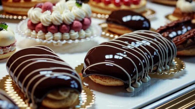 Decadent chocolate eclairs and exquisite pastries displayed on elegant trays
