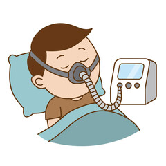 Man used continuous positive airway pressure or CPAP while sleep, illustration cartooon on white background