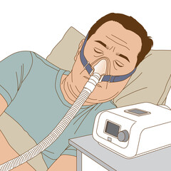 Man used continuous positive airway pressure or CPAP while sleep, illustration cartooon on white background