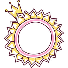 Cute Hand Drawn Golden Crown Emblem with Pink and Yellow Rosette Border and Copy Space for Text