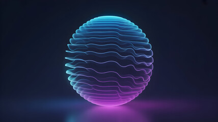 Abstract glowing sphere illustration with dynamic wavy lines and vibrant blue to purple gradient on dark background