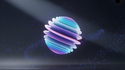 Abstract 3D spherical illustration with wavy gradient layers in blue and purple colors on dark background