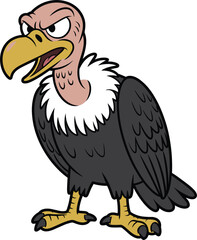 Angry cartoon vulture with large yellow beak and dark feathers, wild bird character vector illustration for kids, predator wildlife animal design, isolated
