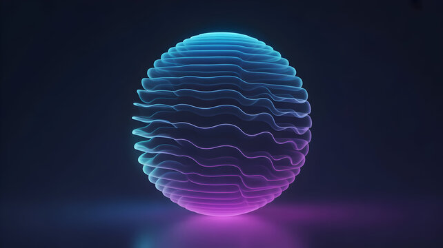 Abstract glowing sphere illustration with dynamic wavy lines and vibrant blue to purple gradient on dark background