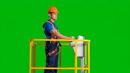Worker in Safety Gear Operating Lift Platform on Green Screen.