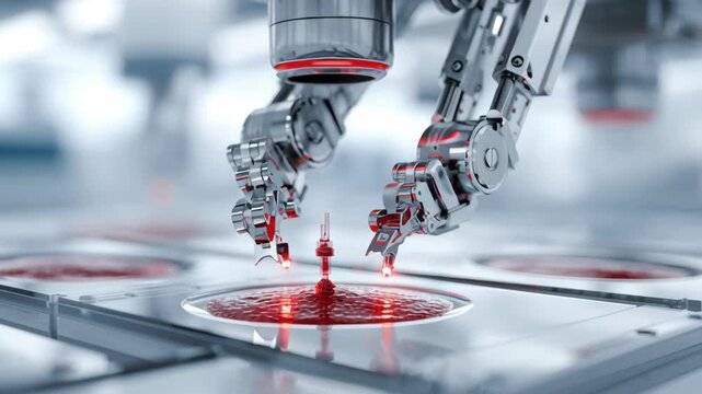A robot is spraying red liquid on a plate. Detailed macro of AI sensor scanning tissue sample, futuristic diagnostics theme, sterile white background, ai biomedical analysis