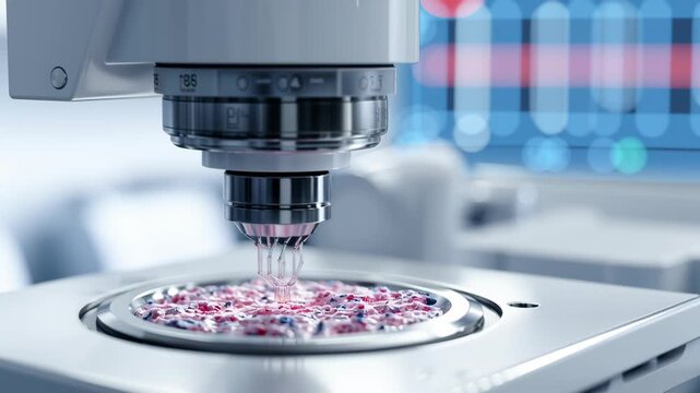 A machine is used to examine a piece of food. Detailed macro of AI sensor scanning tissue sample, futuristic diagnostics theme, sterile white background, ai biomedical analysis
