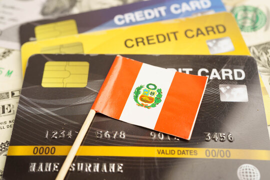 Peru flag on credit card, finance economy trading shopping online business.