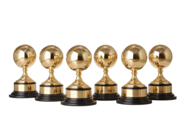 Six golden soccer ball trophies lined up against a black background trophy football, Png, Isolated on Transparent Background, Cut Out