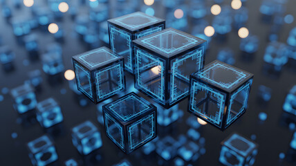 Abstract glowing blue geometric cubes forming a network structure with bokeh lights in the background representing technology and data