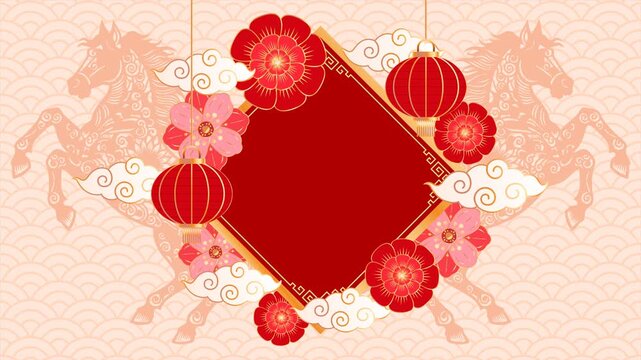 2026 Chinese New Year loop animation. Chinese new year horse pattern for festive celebrations. Suitable for holiday backgrounds, designs, banners, cards, and decorations with a horse theme.